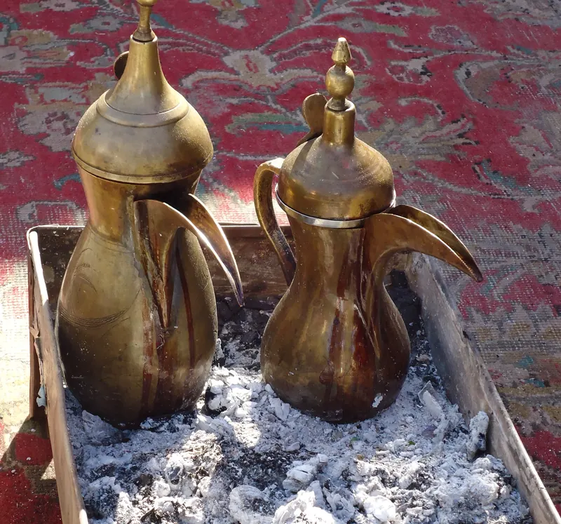Brass dallah coffee pots, used to pour Arabic coffee (gahwa)